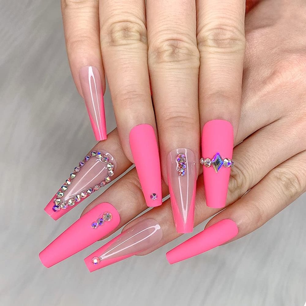 SALE🥳24pcs Press on Nails 3D Rose Red French Glossy False Nails Pure Color Ma…